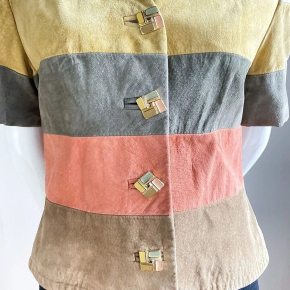 Vintage Earth Tones Colourblock Suede Button Down Cropped Short Sleeve Jacket S - Picture 4 of 7